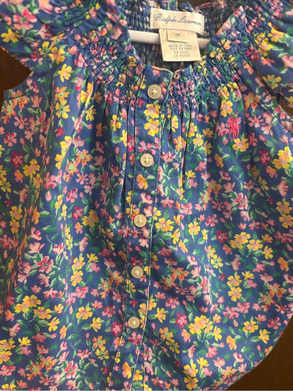 Ralph Lauren Blue Floral Smocked Shoulder Button-Front Top